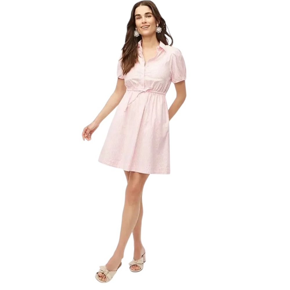 NWT-J. Crew Factory - Collared Puff Sleeve Striped Mini Dress Pink/White-Size 10
